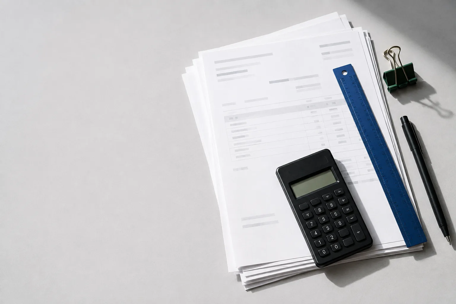 Editorial still life of invoices, a calculator, ruler, and pen
